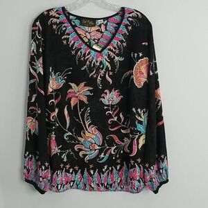 Bob Mackie V-neck Floral Printed Woven Blouse womens size medium